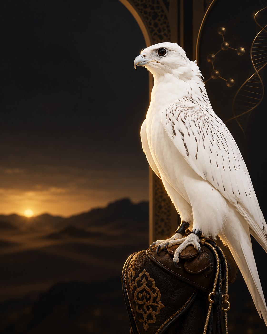White falcon perched on a falconry glove against a dark gold biotechnology backdrop